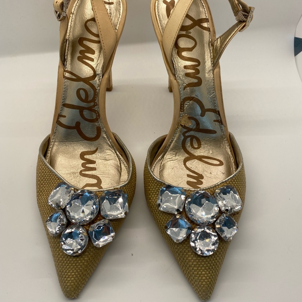 Sam Edelman Linen Crystal Rhinestone strap pumps 4.5” Heels 8.5